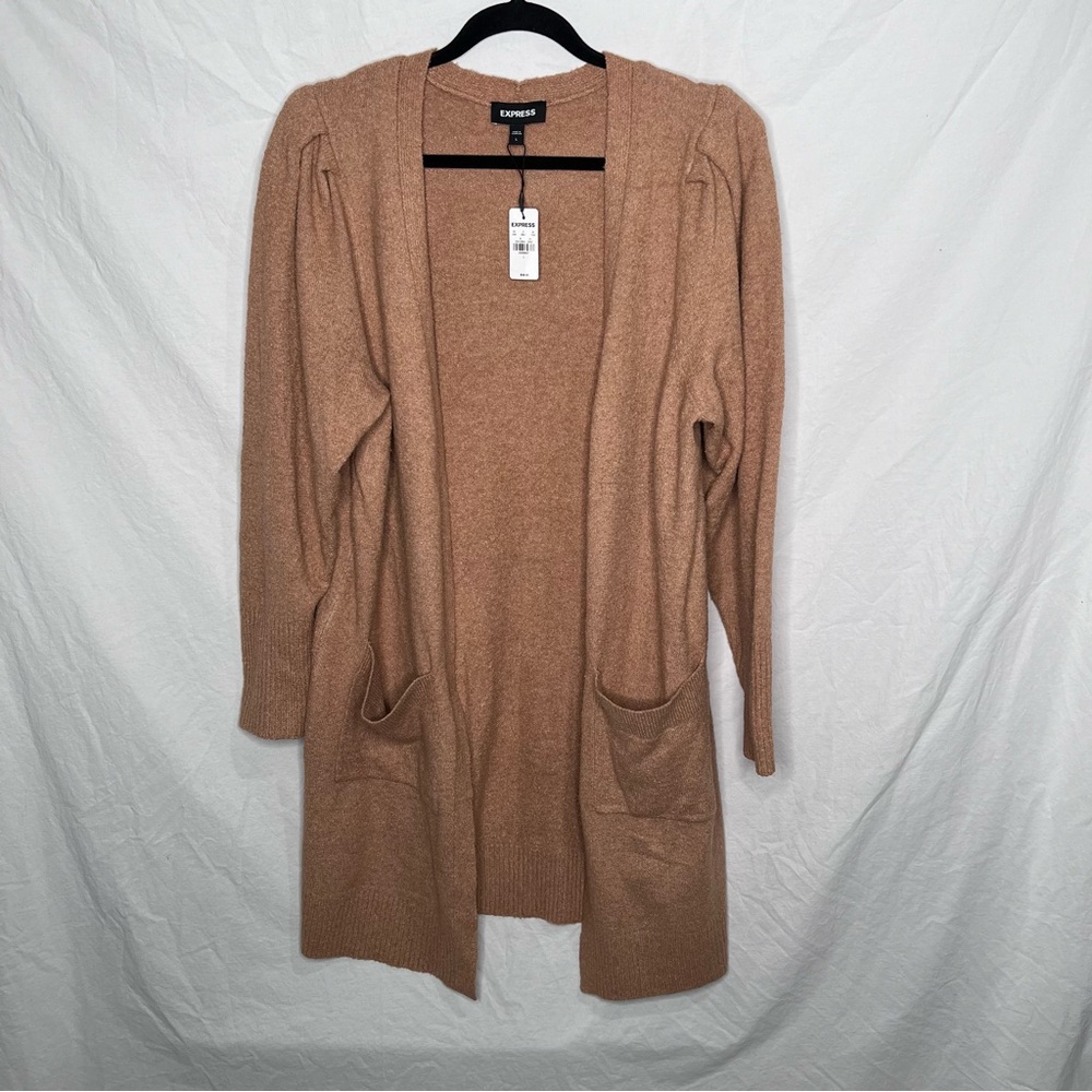 NWOT EXPRESS Long Open Front Cardigan Sweater Pockets Camel Brown Tan Large $98